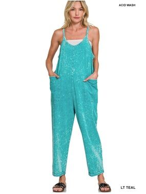 Z2-WASHED SPAGHETTI STRAPS OVERALLS WITH POCKETS